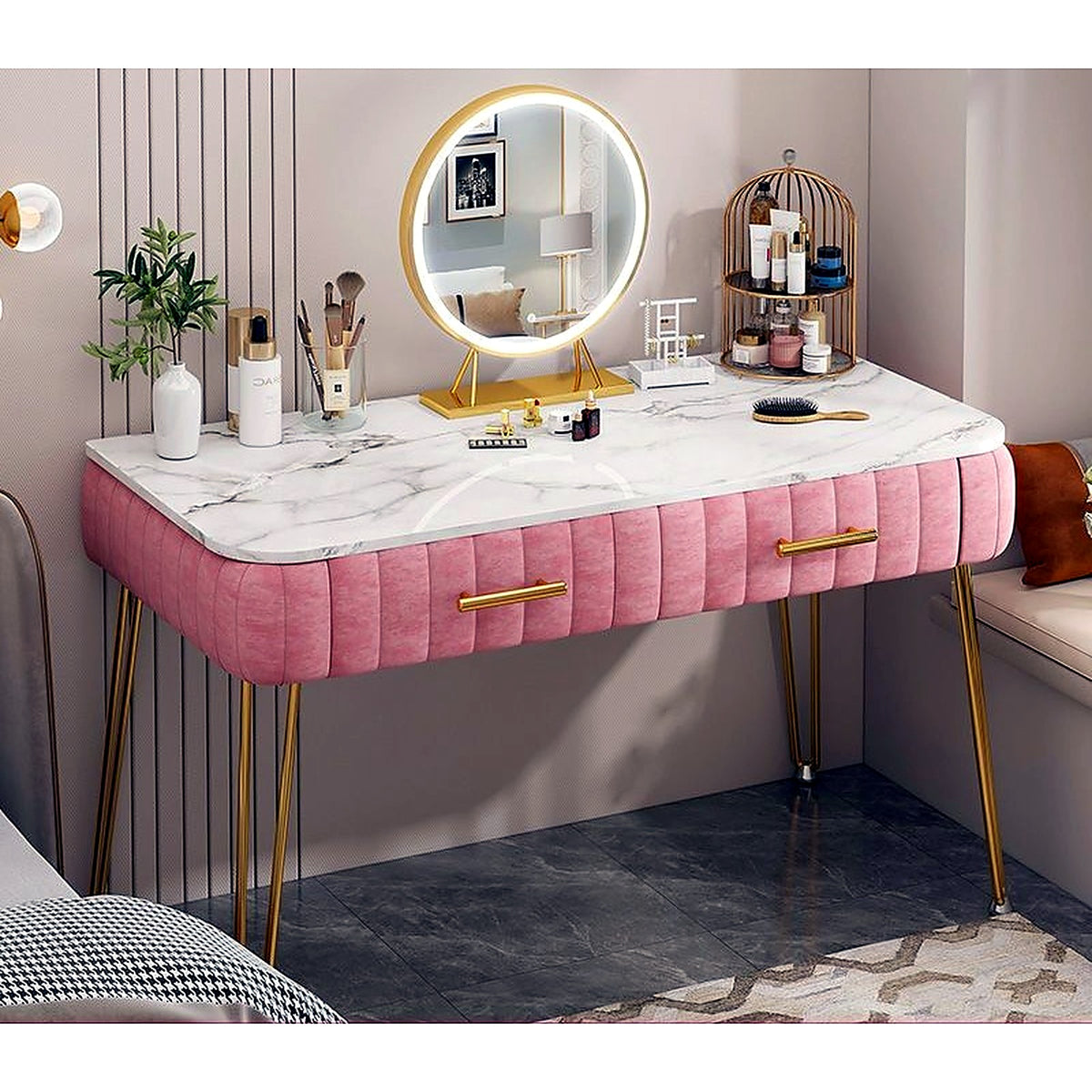 Coiffeuse capitonnée AUBRYNE rose poudré, avec miroir LED rond