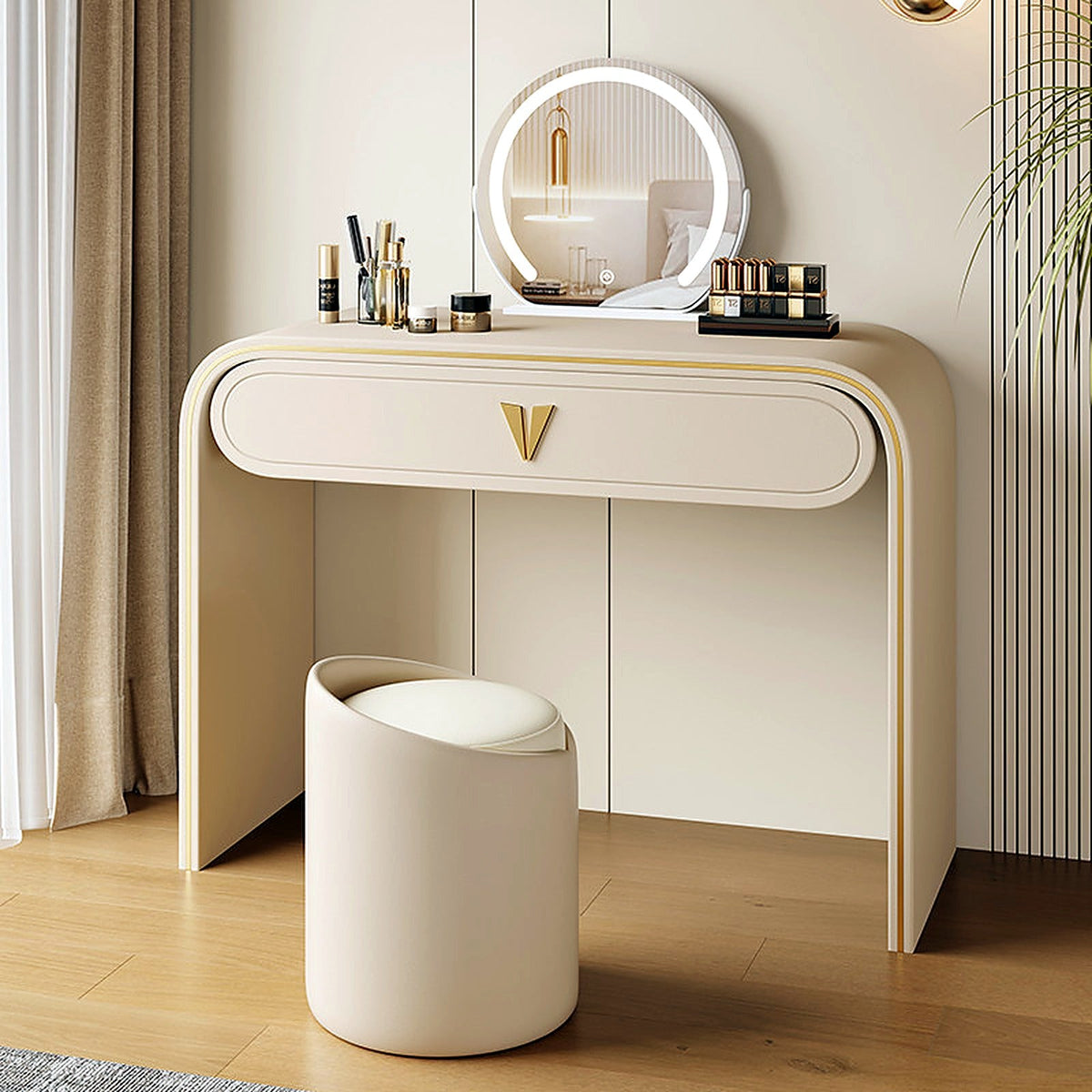 Coiffeuse laquée crème, liseré doré, miroir intelligent LED et tabouret - ambiance