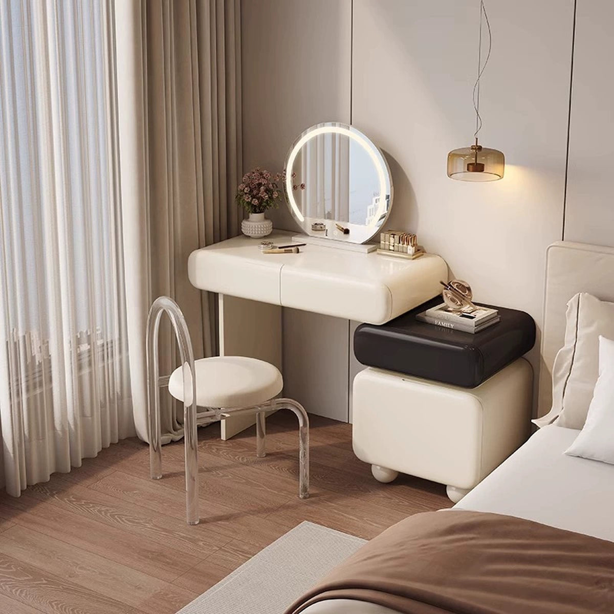Coiffeuse crème avec meuble de rangement, miroir LED rond et tabouret