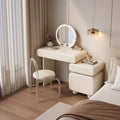 Coiffeuse crème avec miroir LED rond et tabouret transparent
