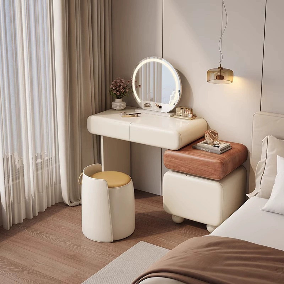 Coiffeuse crème avec meuble de rangement et tabouret