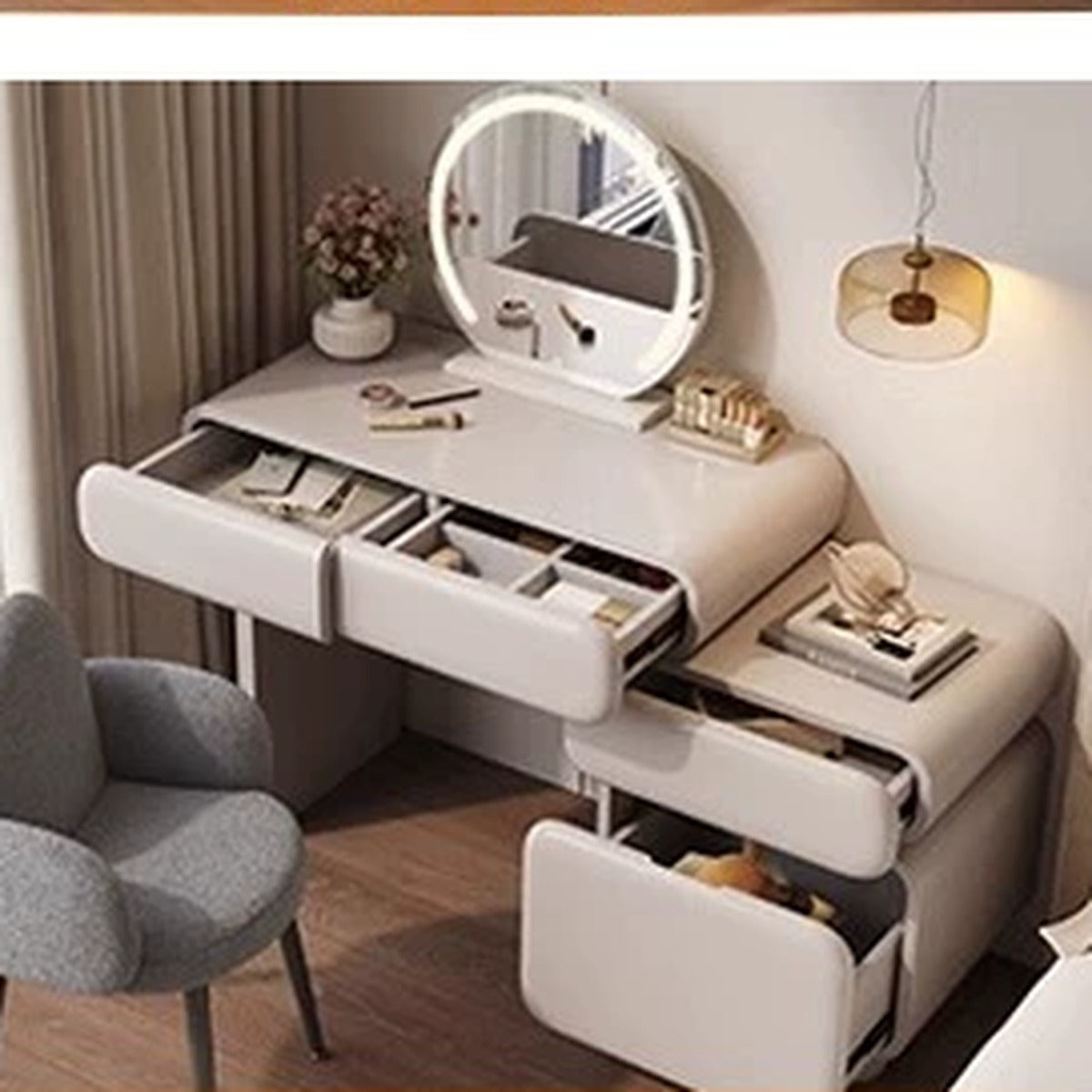 Coiffeuse crème avec meuble de rangement, coloris gris