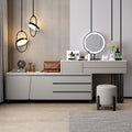 Coiffeuse grise AUBRYNE avec meuble à tiroirs, plateau effet marbre et miroir LED rond