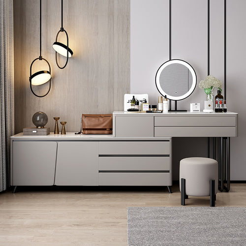 Coiffeuse grise AUBRYNE avec meuble à tiroirs, plateau effet marbre et miroir LED rond