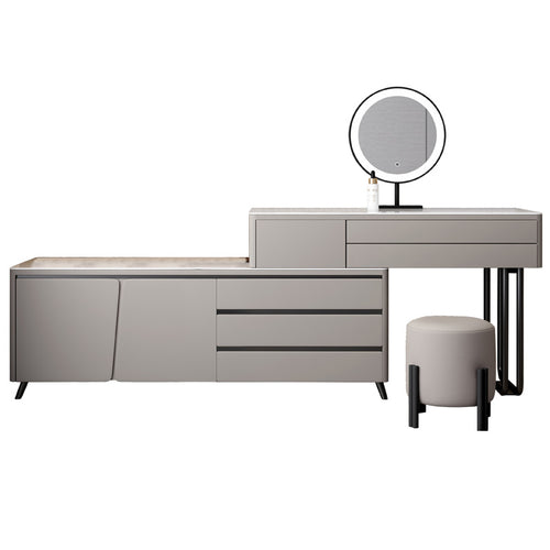 Coiffeuse grise AUBRYNE avec meuble à tiroirs, miroir LED et tabouret sur fond blanc