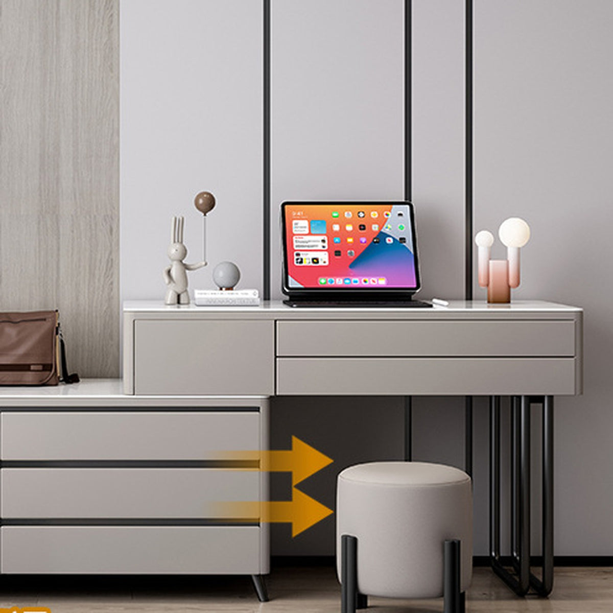 Coiffeuse grise, plan de travail avec miroir LED et tabouret