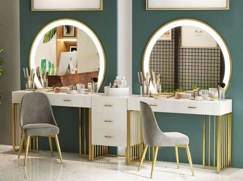 Coiffeuse blanche pieds dorés avec miroir LED rond et chaise
