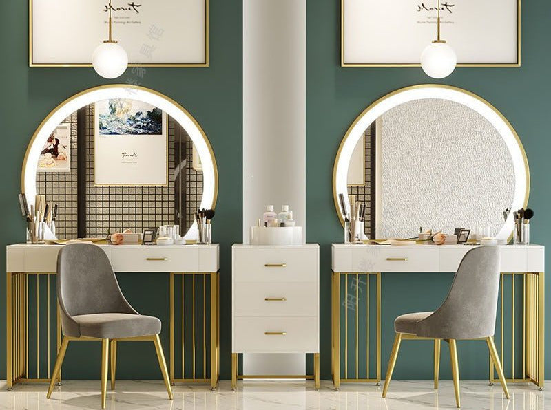 Coiffeuse blanche pieds dorés, deux postes