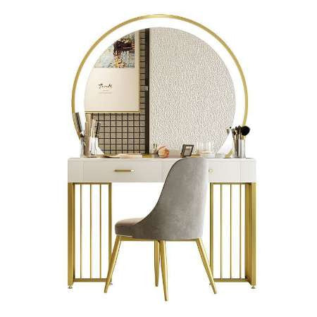 Coiffeuse blanche avec miroir LED et chaise, fond blanc