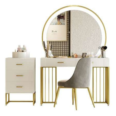 Coiffeuse blanche avec commode et chaise, fond blanc