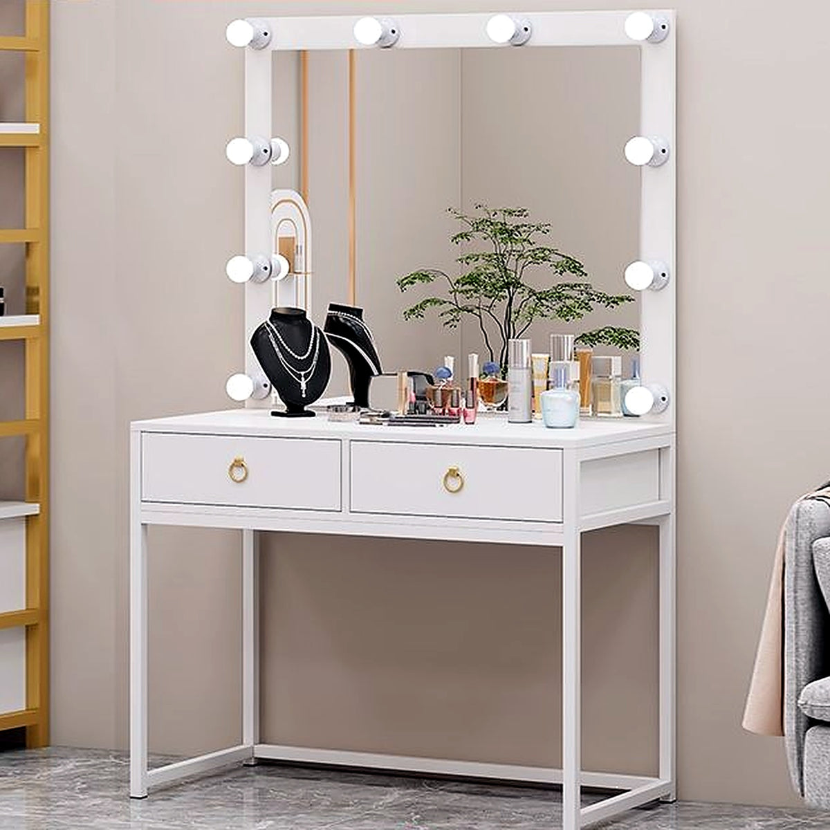 Coiffeuse Hollywood AUBRYNE blanc et blanc, miroir lumineux LED