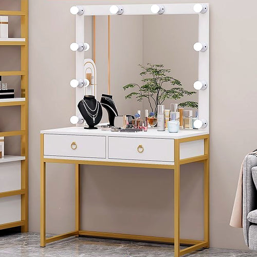 Coiffeuse Hollywood AUBRYNE blanc et doré, miroir lumineux LED