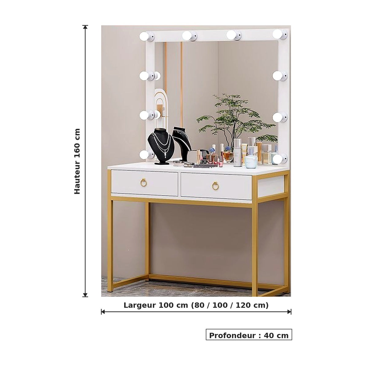Coiffeuse Hollywood AUBRYNE, dimensions et cotes