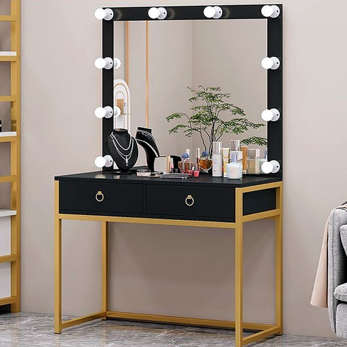 Coiffeuse Hollywood AUBRYNE noir et doré, miroir lumineux LED