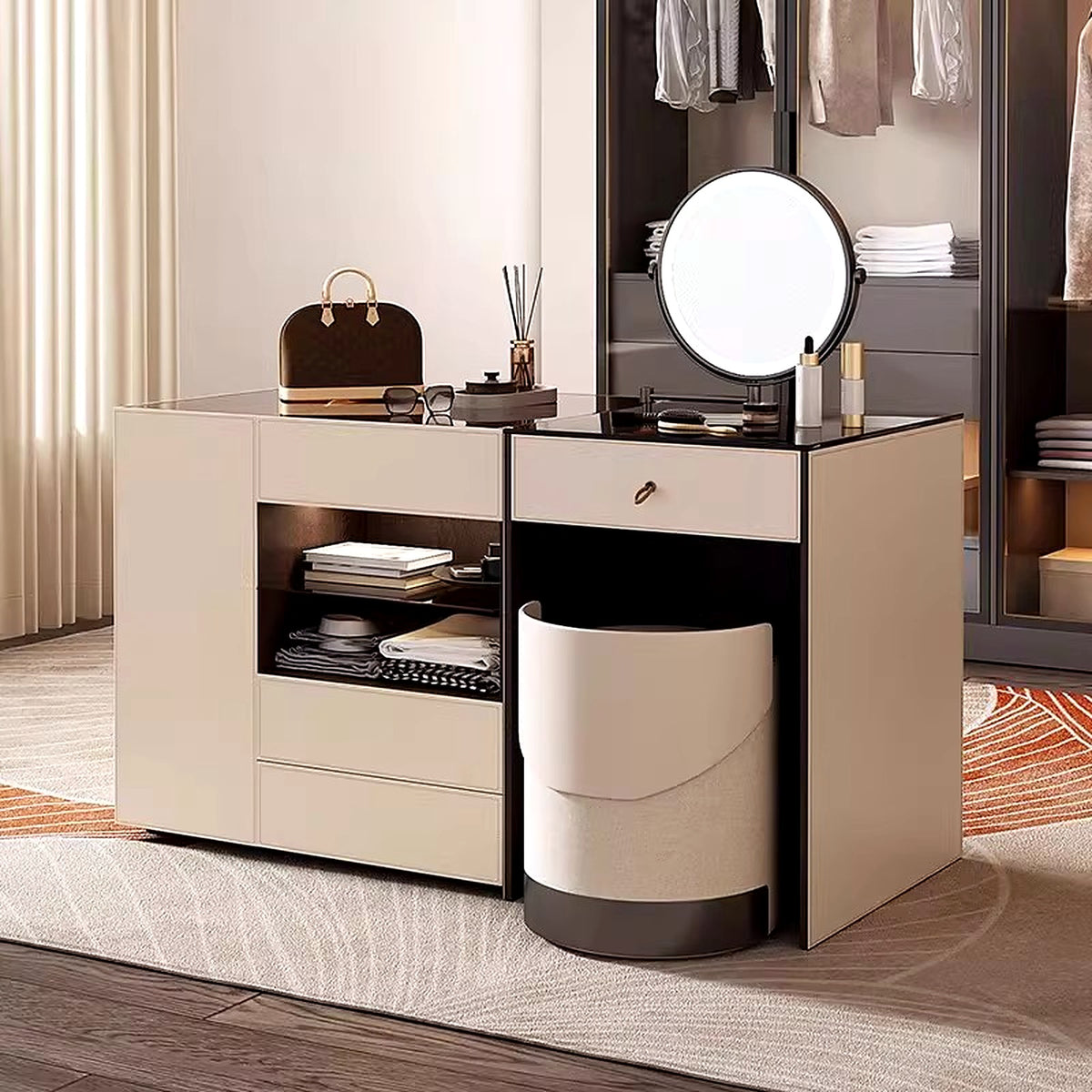 Coiffeuse-îlot AUBRYNE, miroir LED rond et tabouret assorti