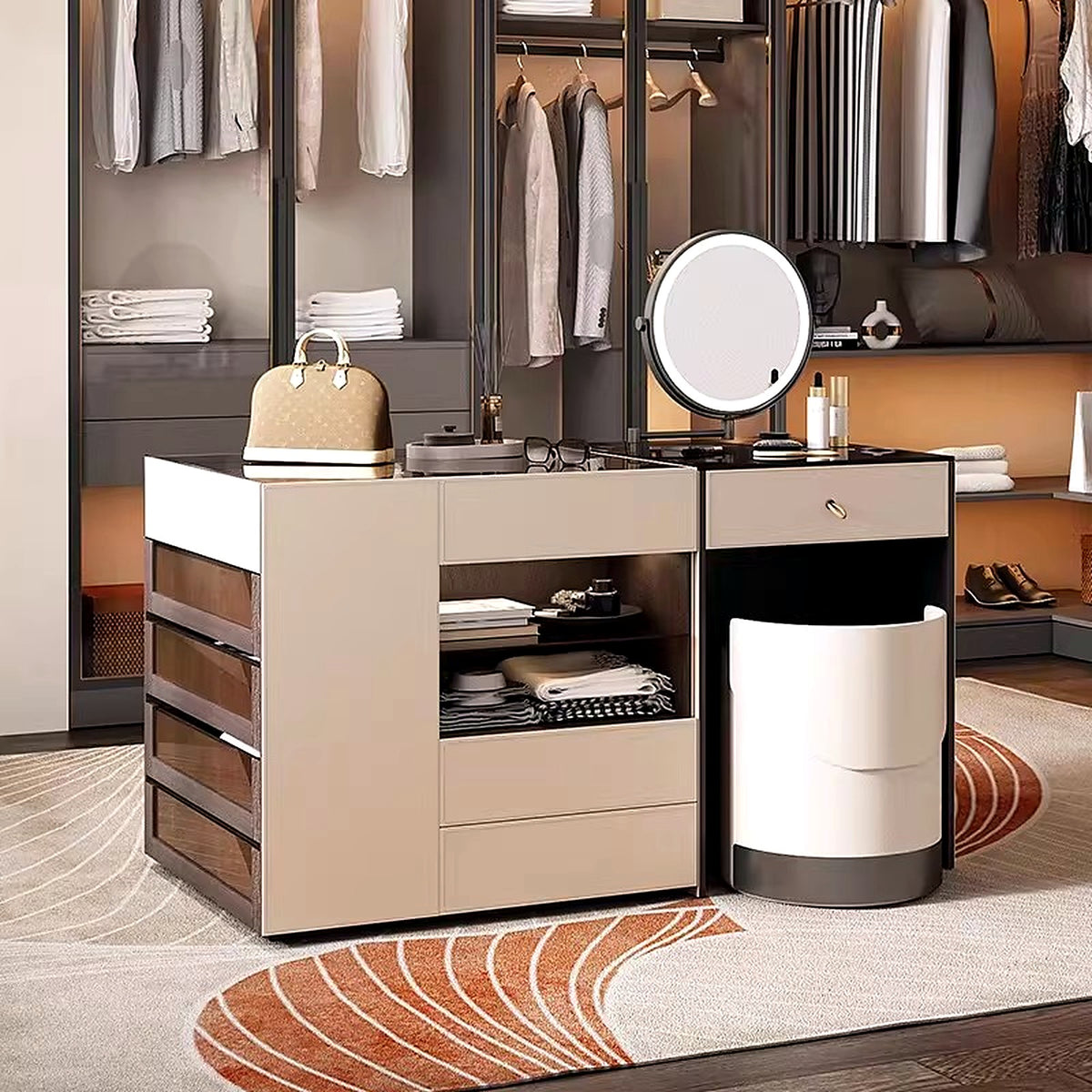 Coiffeuse-îlot AUBRYNE, îlot central dans un dressing ouvert