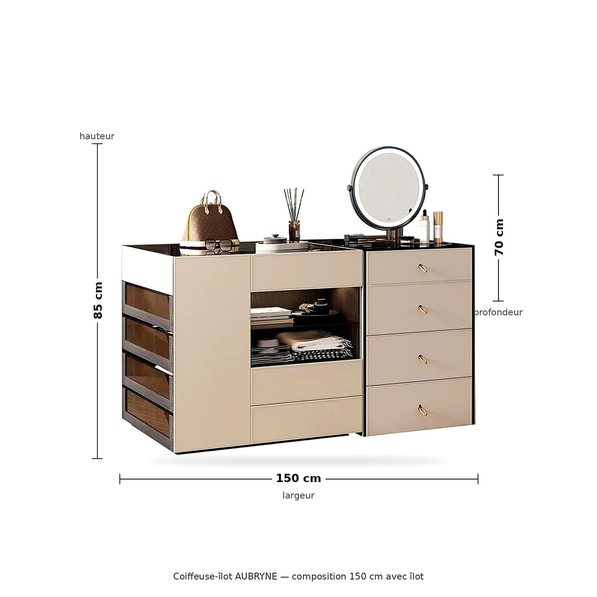 Coiffeuse-îlot AUBRYNE - dimensions : 150 cm x 70 cm x 85 cm
