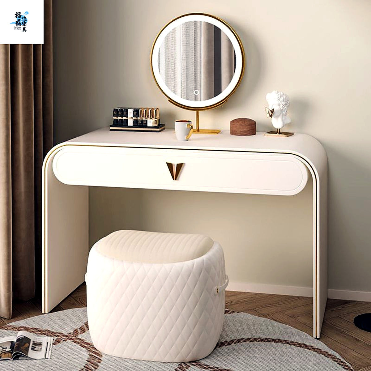 Coiffeuse italienne laquée crème avec miroir intelligent et tabouret