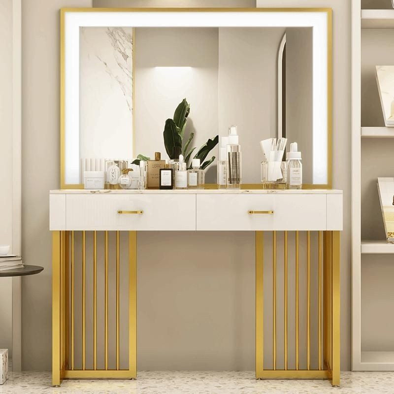 Coiffeuse plateau marbre avec miroir LED carré et pieds dorés