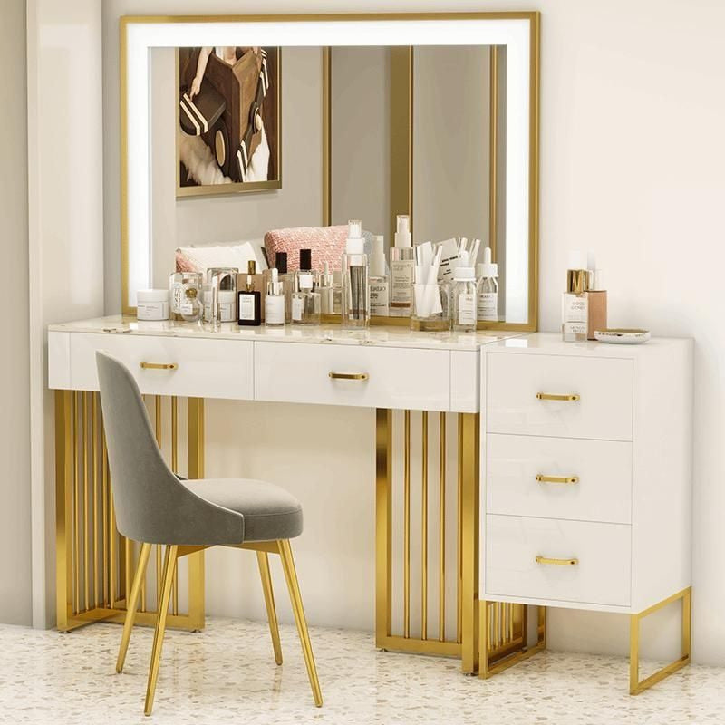 Coiffeuse plateau marbre avec miroir LED carré, chaise et meuble 4 tiroirs