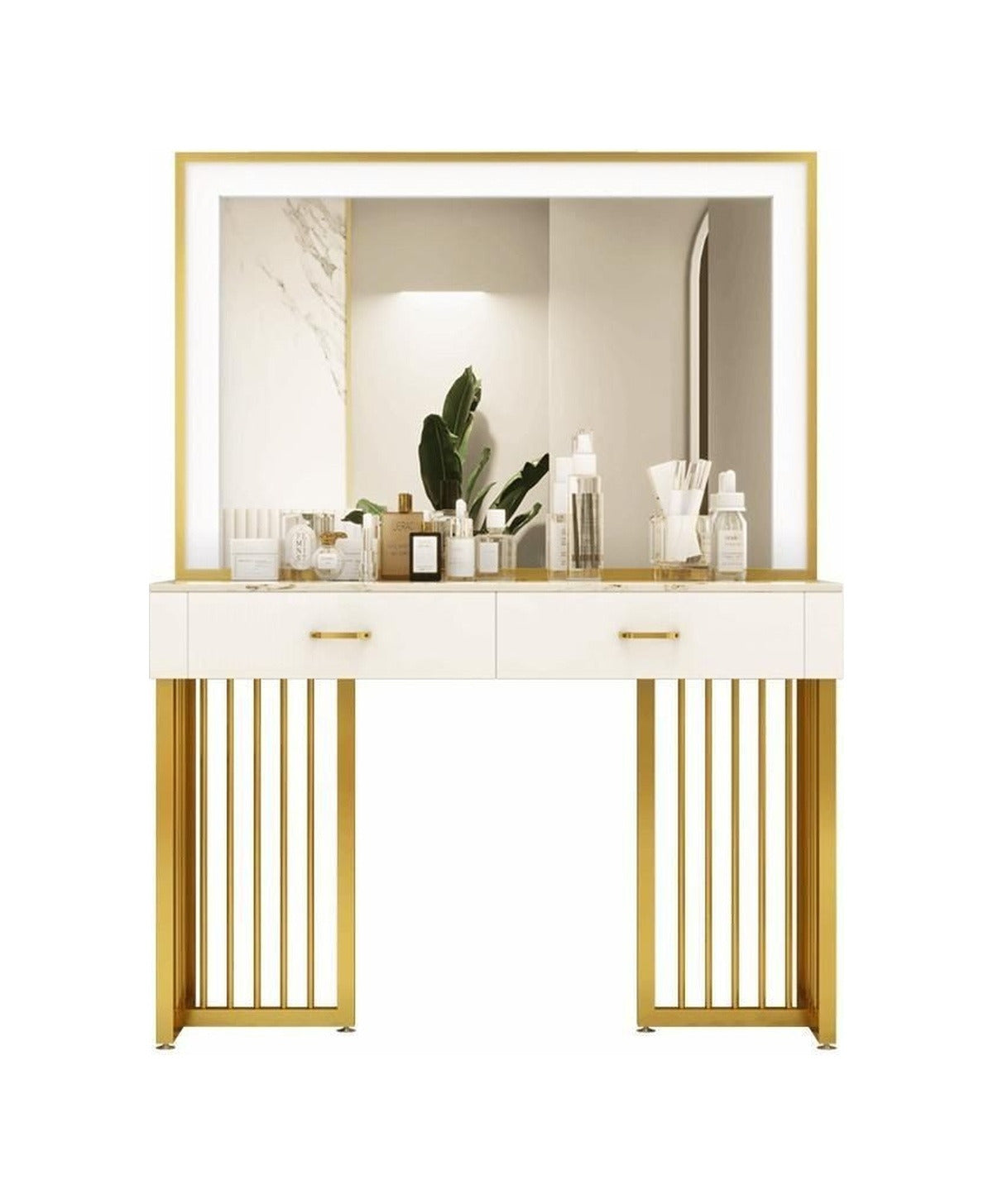 Coiffeuse plateau marbre avec miroir LED, fond blanc