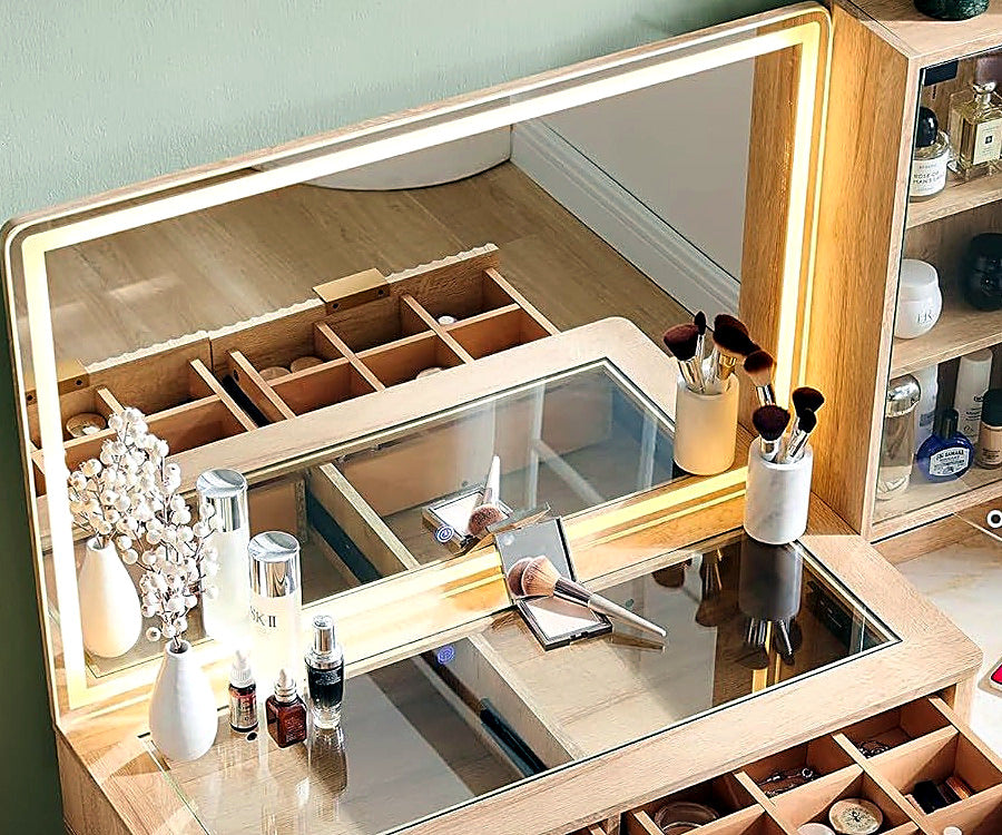 Coiffeuse AUBRYNE, rangement vitré intérieur avec organiseur