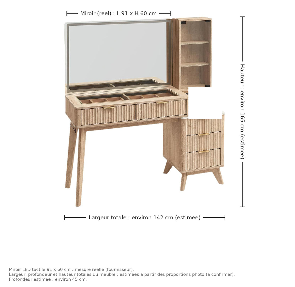 Coiffeuse AUBRYNE, dimensions hauteur, longueur et largeur, fond blanc