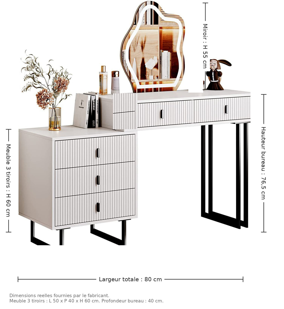 Coiffeuse AUBRYNE blanche, dimensions hauteur, longueur et largeur, fond blanc