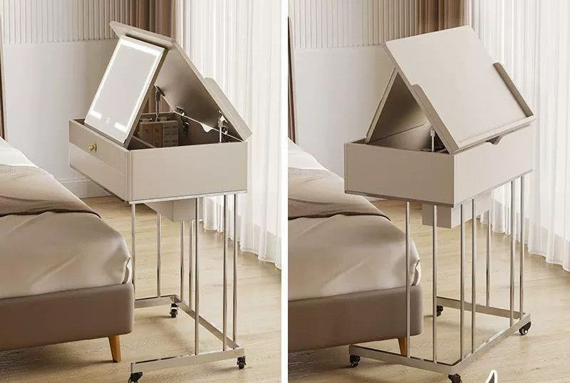 Petite coiffeuse mobile, compartiments de rangement sous le plateau