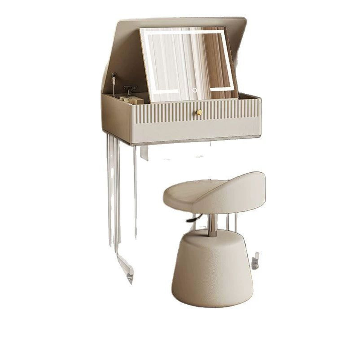 Petite coiffeuse mobile crème avec tabouret réglable, fond blanc