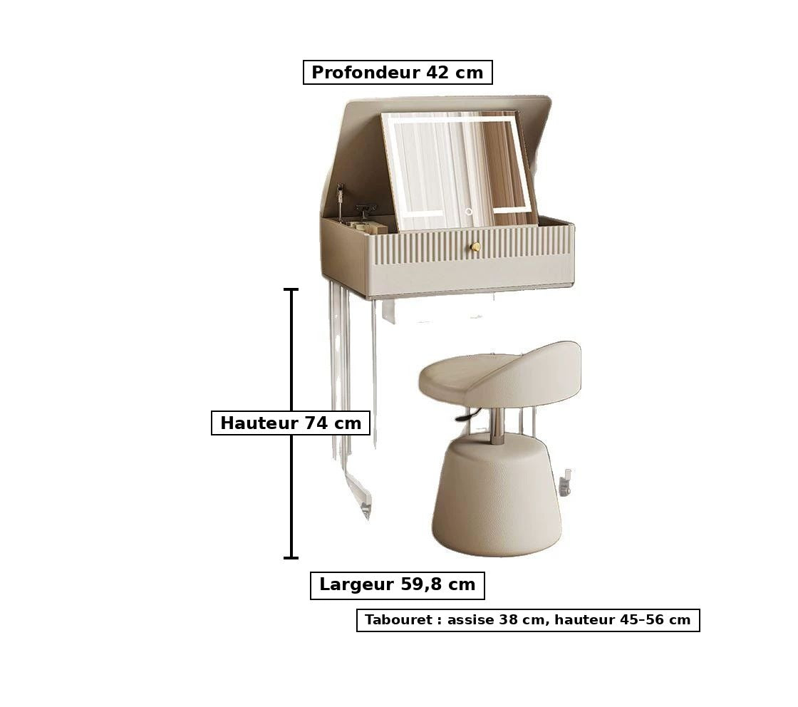 Petite coiffeuse mobile - dimensions : 59,8 × 42 × 74 cm, tabouret 45 à 56 cm