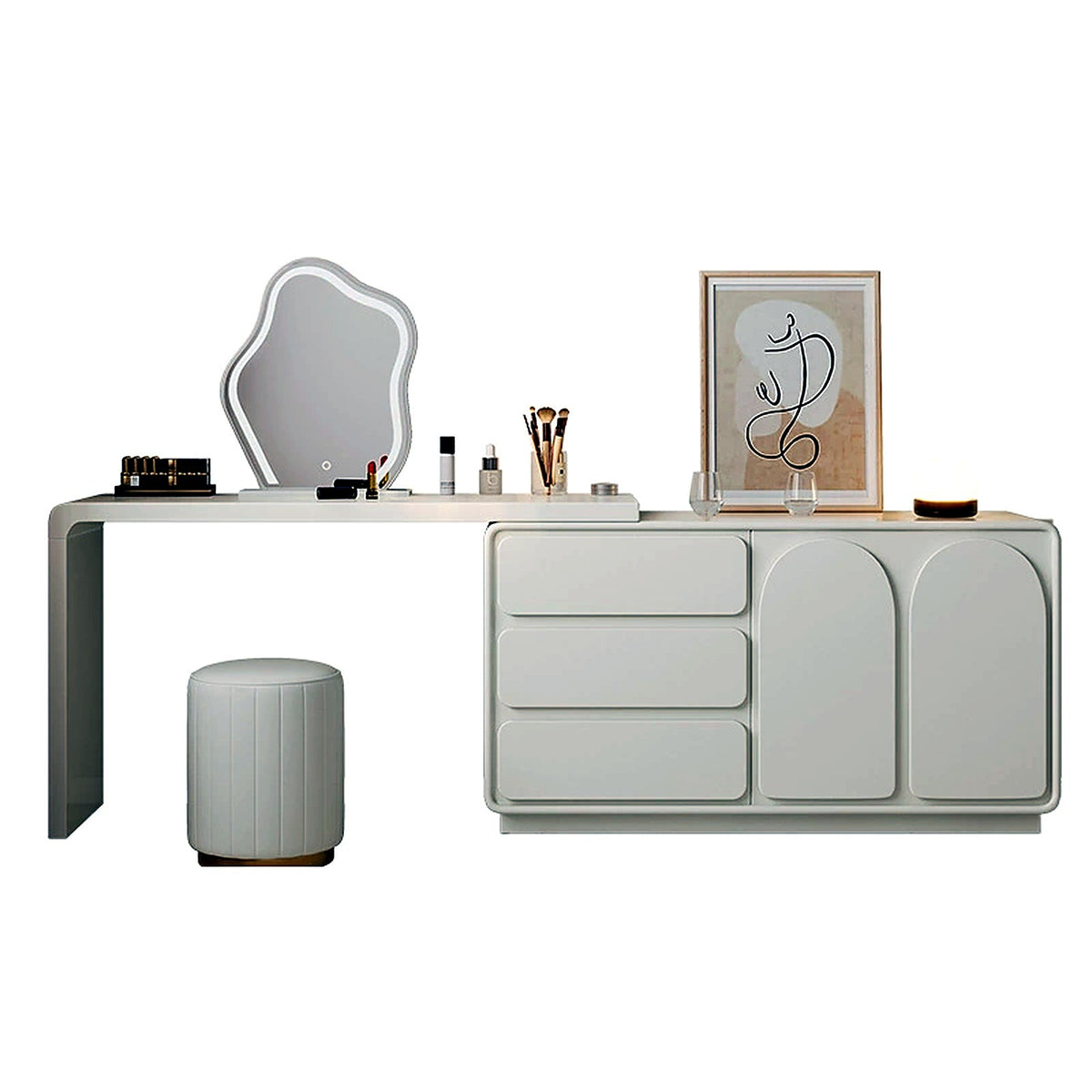 Coiffeuse laquée AUBRYNE crème avec meuble à tiroirs, miroir et tabouret