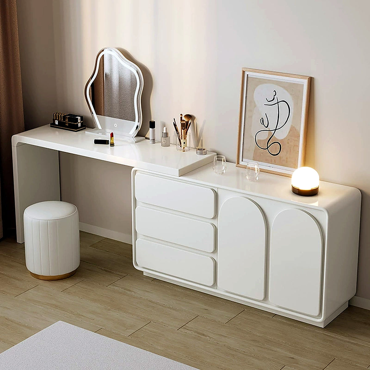 Coiffeuse laquée AUBRYNE crème avec miroir LED et tabouret