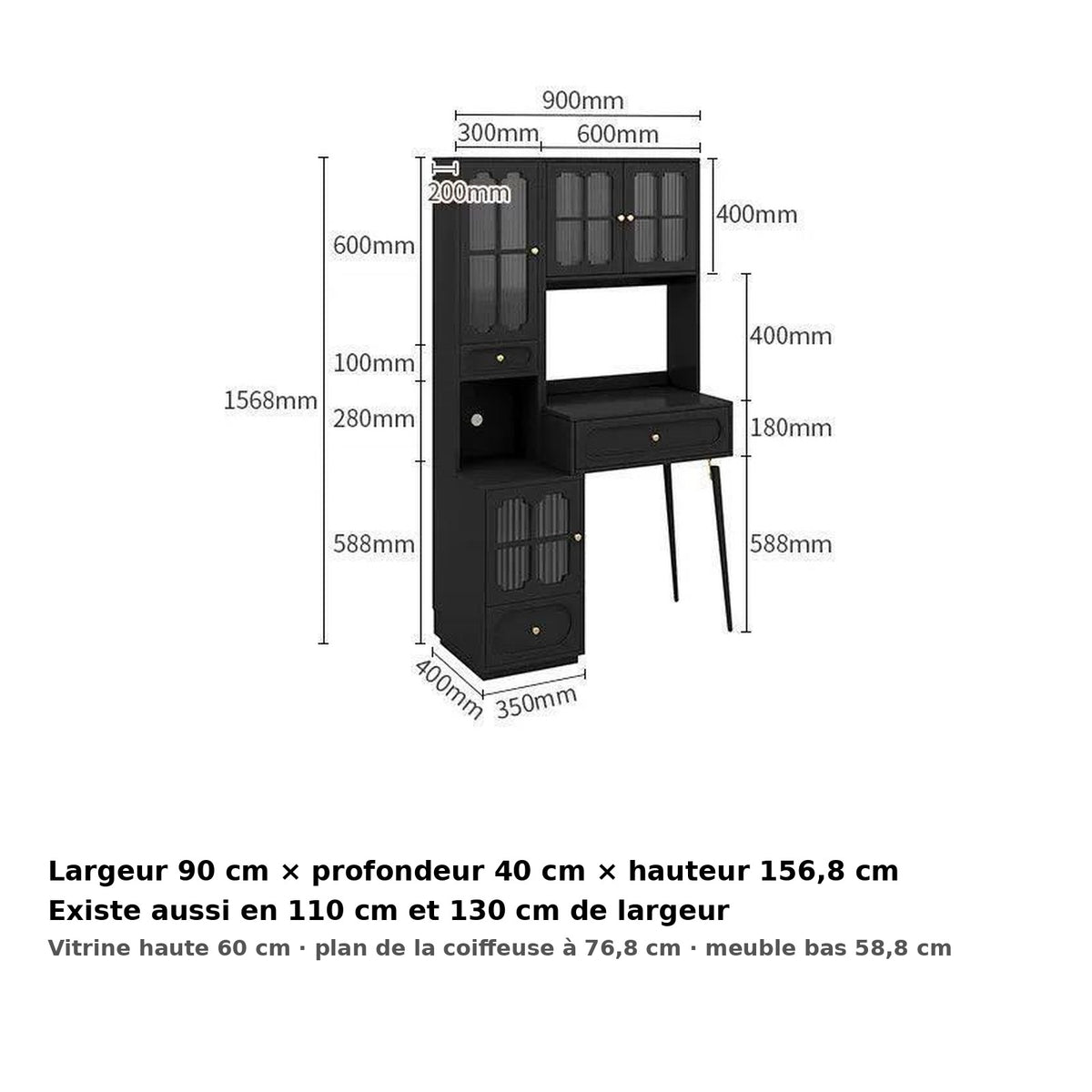 Coiffeuse noire - dimensions : 90 × 40 × 156,8 cm