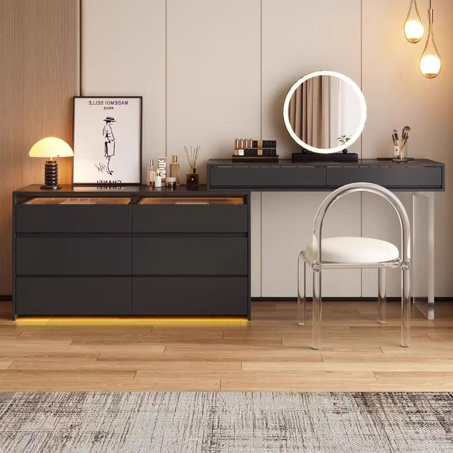 Coiffeuse noire flottante avec commode 6 tiroirs, vitrine et miroir LED