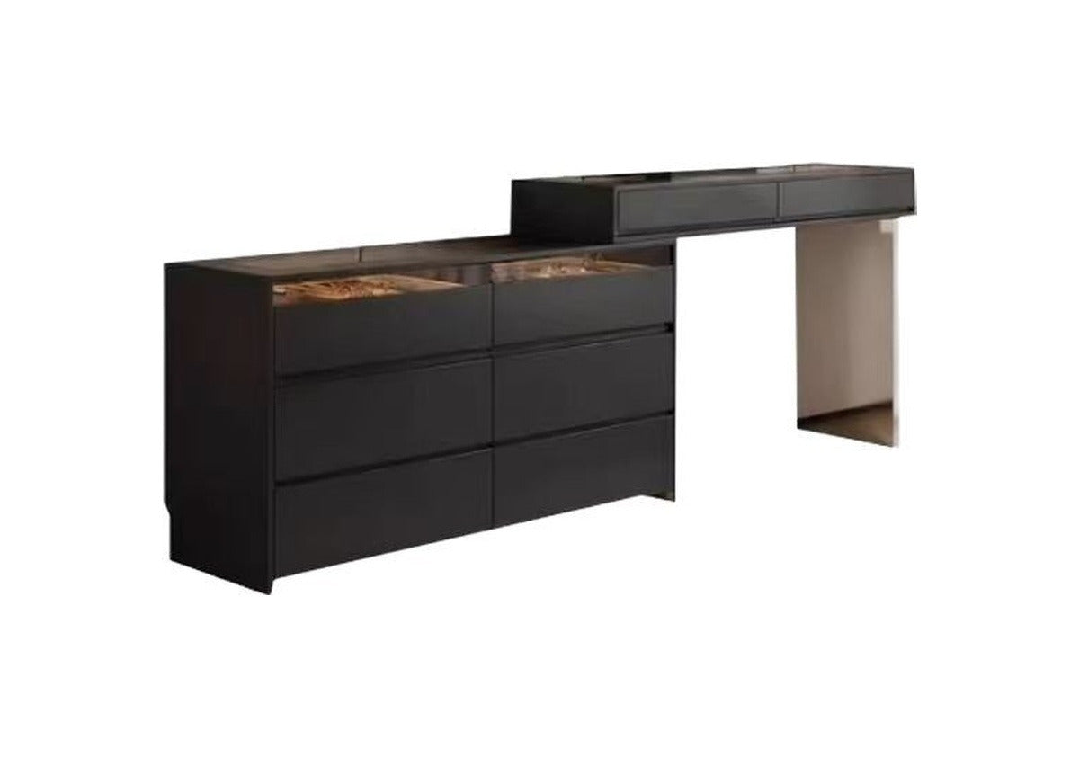 Coiffeuse noire flottante avec commode, fond blanc