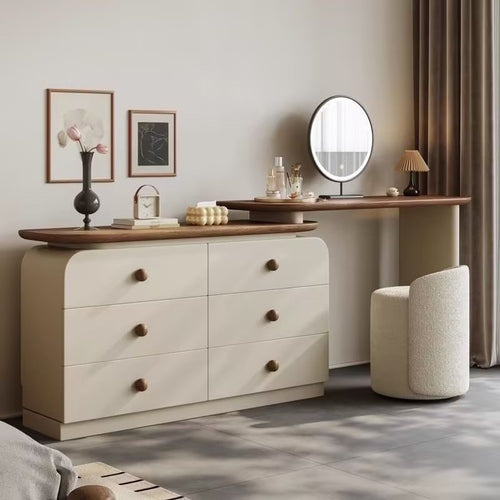 Coiffeuse crème et noyer mid-century avec commode 6 tiroirs