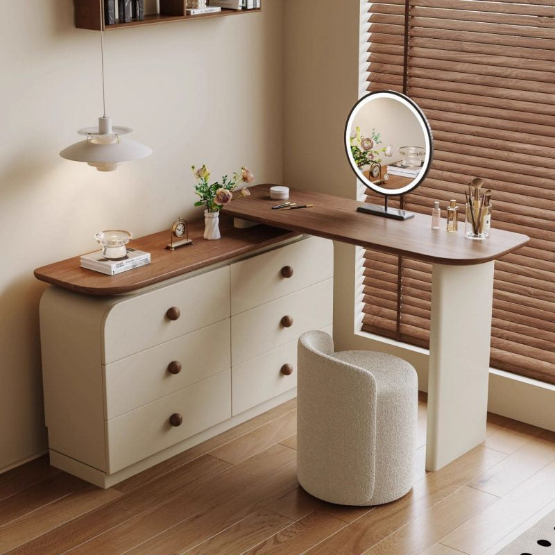 Coiffeuse crème et noyer en disposition d'angle