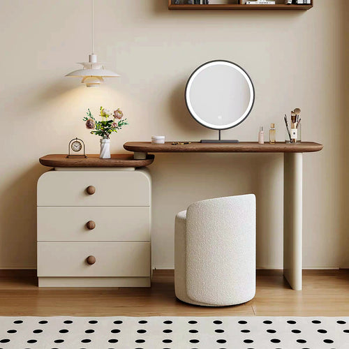 Coiffeuse crème et noyer AUBRYNE avec miroir LED rond et tabouret bouclette