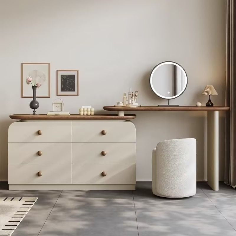Coiffeuse crème et noyer avec miroir LED et fauteuil bouclette