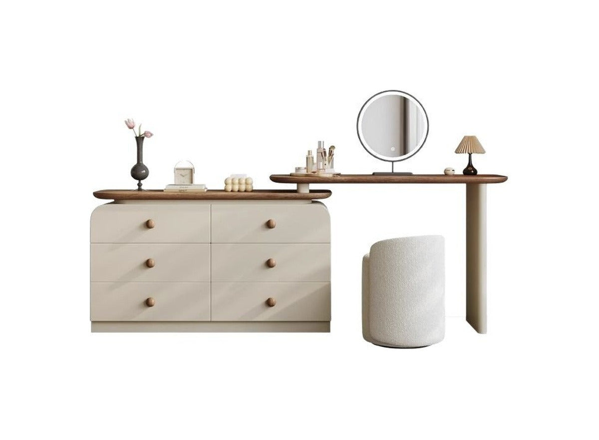 Coiffeuse crème et noyer avec commode, fond blanc