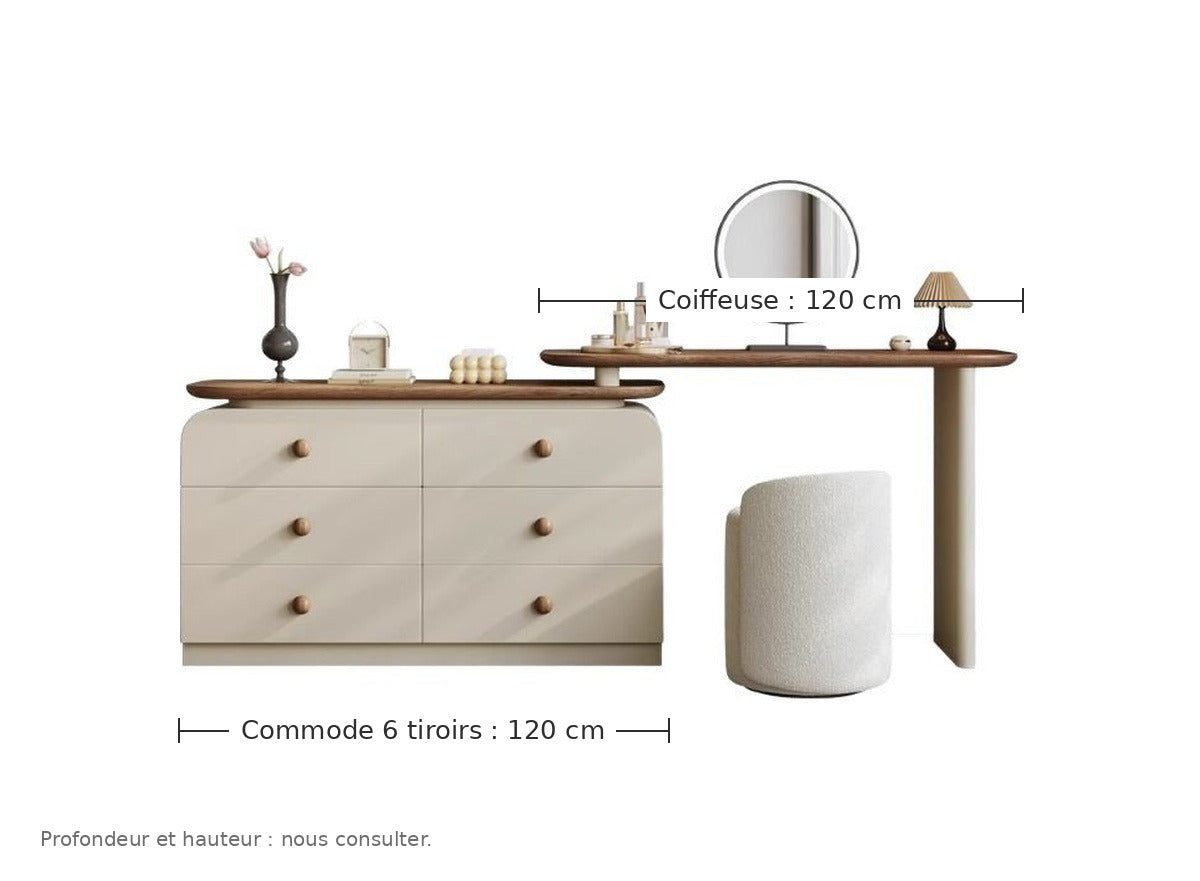 Coiffeuse crème et noyer - dimensions : coiffeuse 120 cm, commode 120 cm