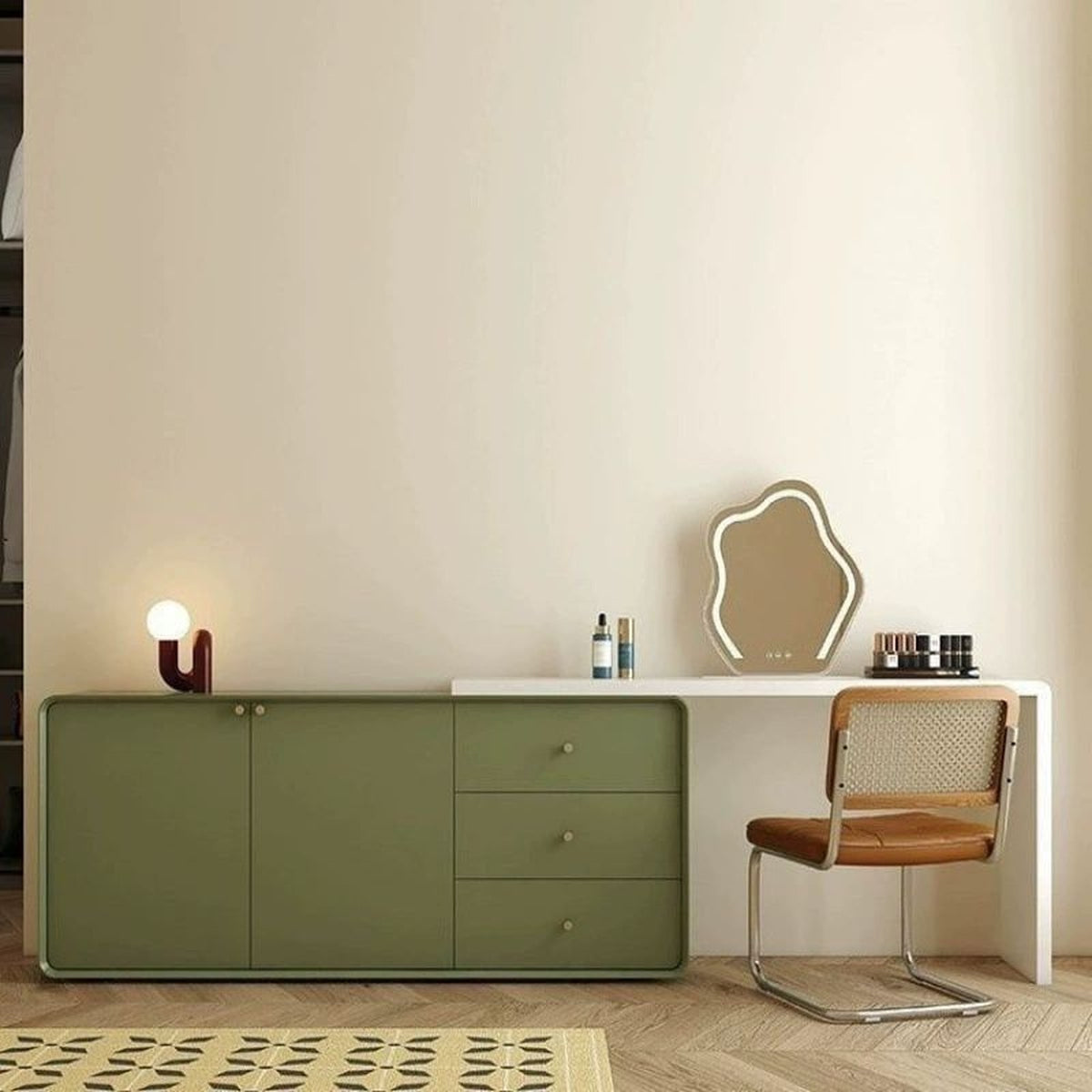 Coiffeuse-bureau rétro vert olive avec meuble coulissant