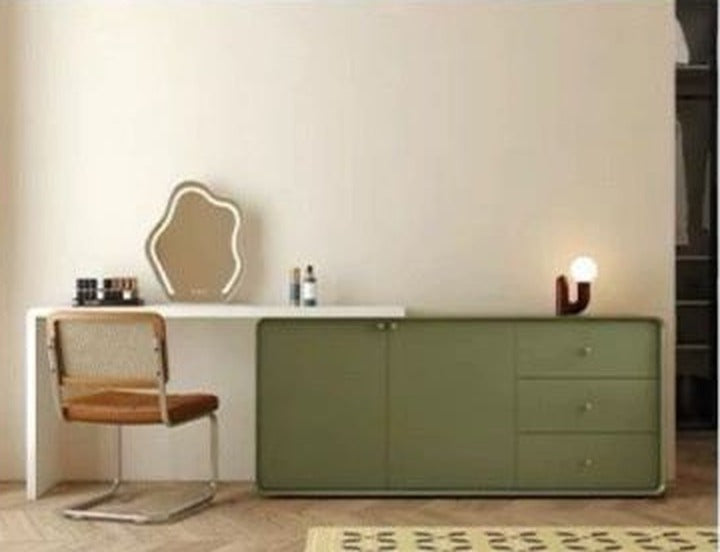 Coiffeuse-bureau rétro vert olive, plan déployé à droite