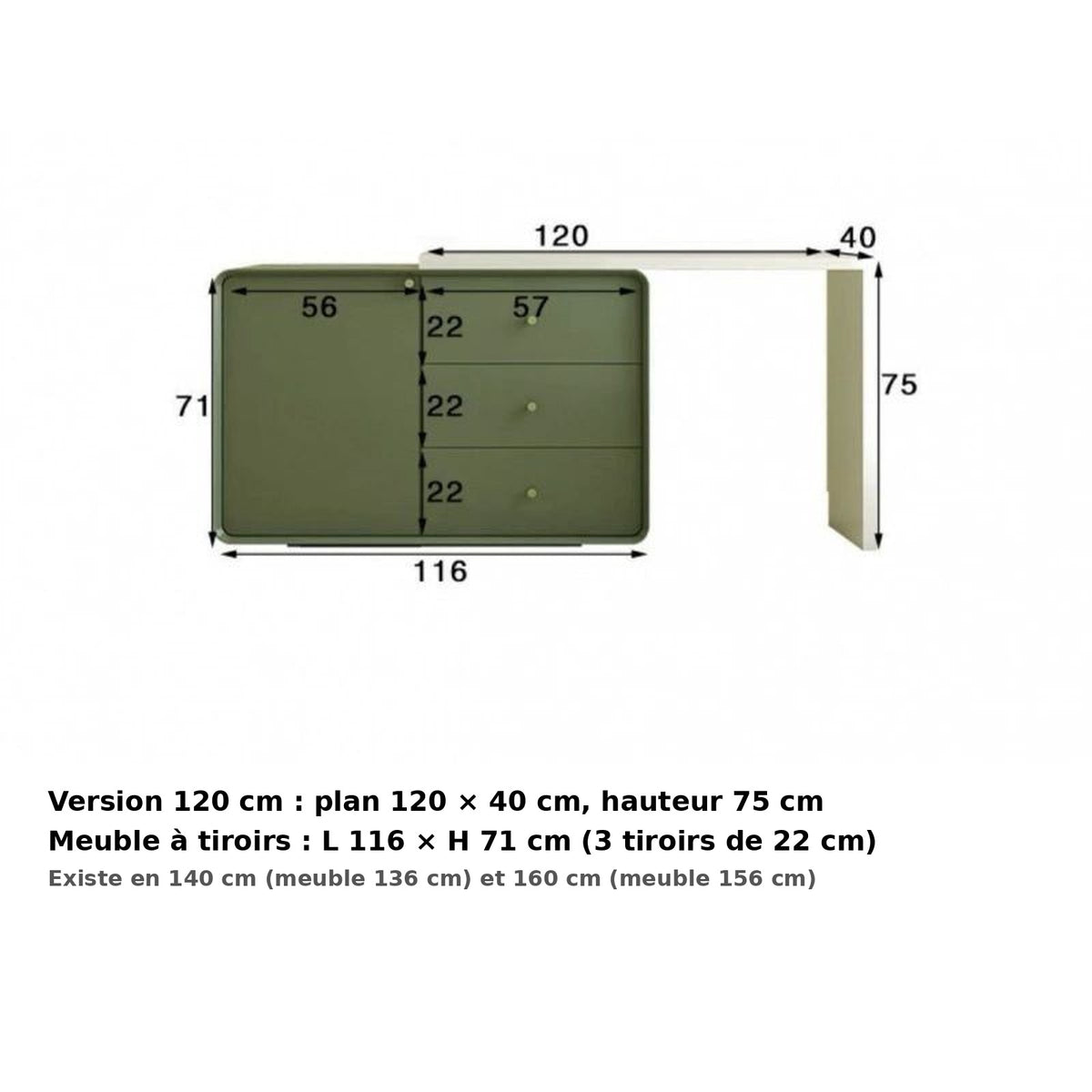 Coiffeuse-bureau rétro - dimensions : 120 × 40 × 75 cm, meuble 116 × 71 cm