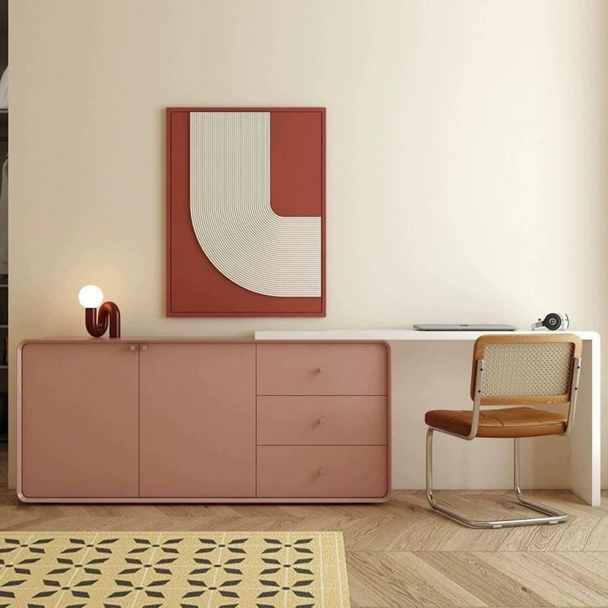 Coiffeuse-bureau rétro rose avec meuble coulissant