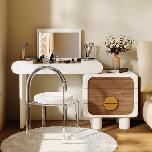 Coiffeuse crème à plateau relevable avec meuble noyer