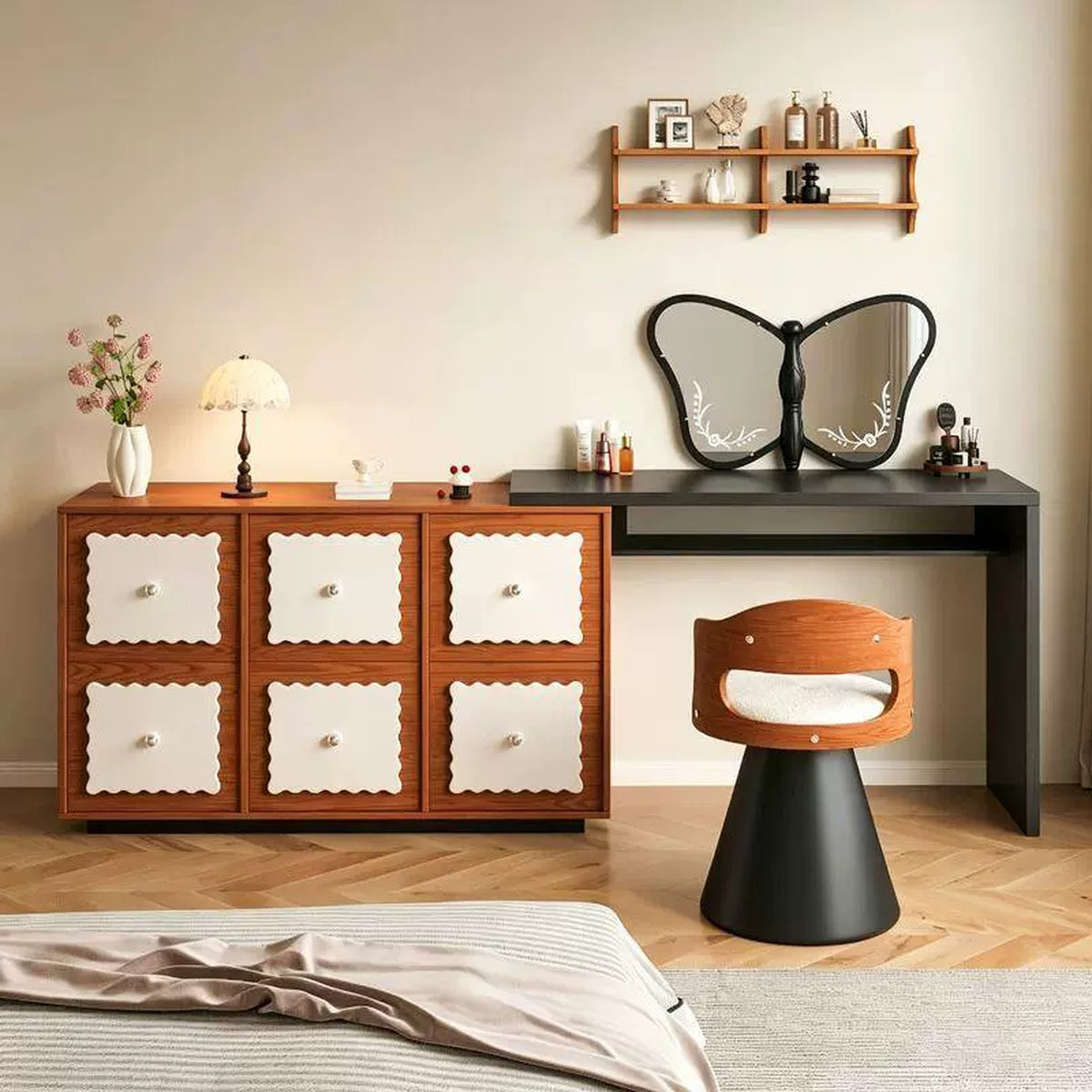 Coiffeuse rétro noyer avec commode 6 tiroirs, miroir nuage LED et tabouret