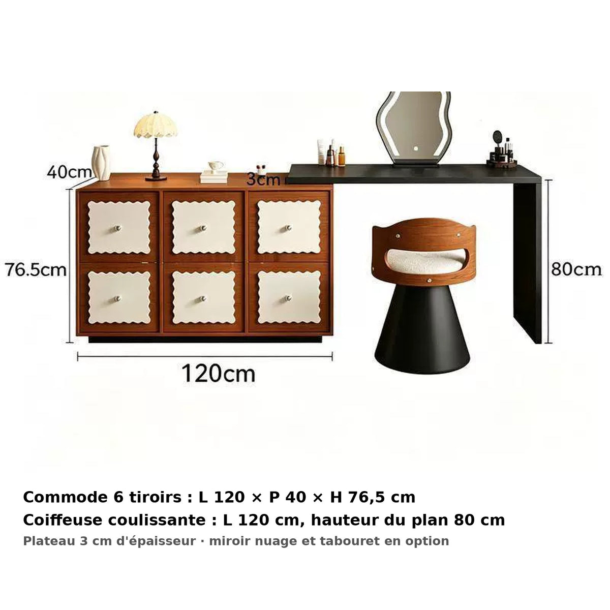 Coiffeuse rétro noyer - dimensions : commode 120 × 40 × 76,5 cm, coiffeuse 120 cm, hauteur 80 cm