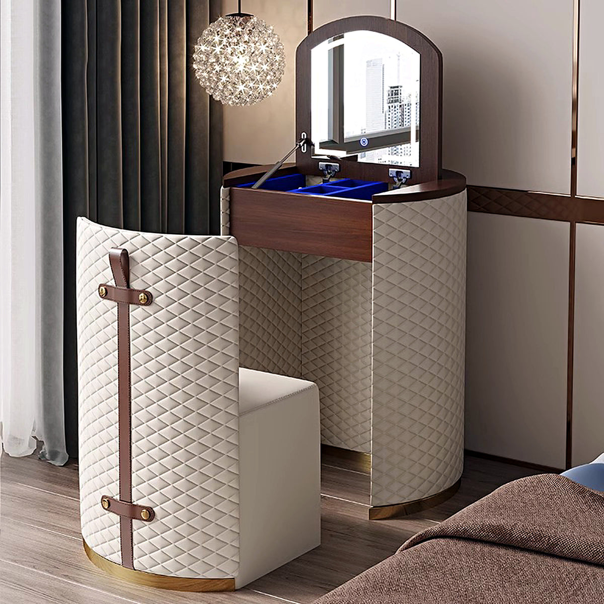 Coiffeuse ronde matelassée crème et noyer AUBRYNE avec miroir LED et tabouret